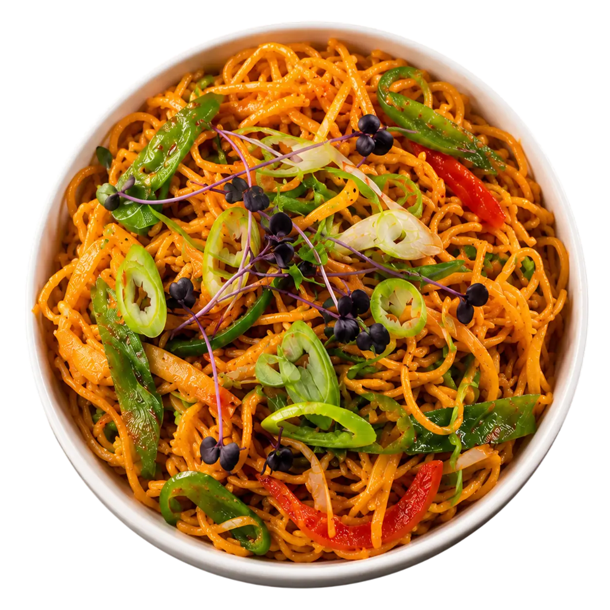 Vegetable hakka noodles in a black bowl